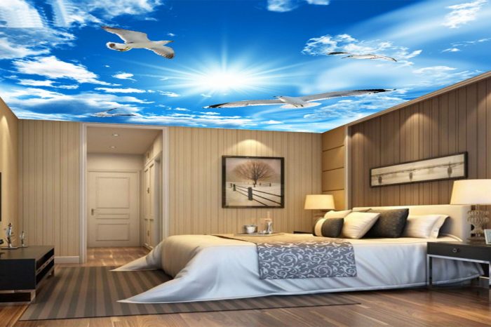 "A bedroom featuring a sky printed stretch ceiling. The ceiling displays a realistic depiction of a bright blue sky with fluffy clouds, creating a serene and tranquil atmosphere in the room."